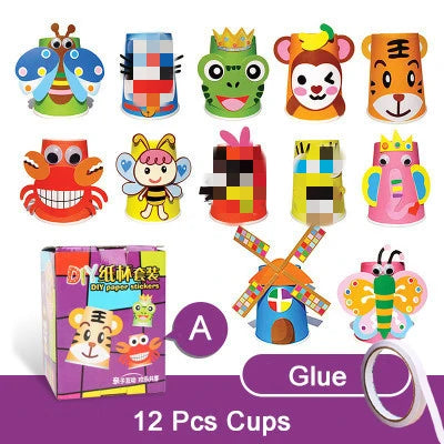 12pcs 3D DIY Paper Cup Sticker Kit – Kids Educational Craft Set