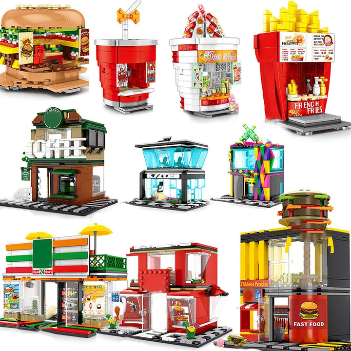 Mini Shop Market Street View – Hamburger & Retail Building Blocks