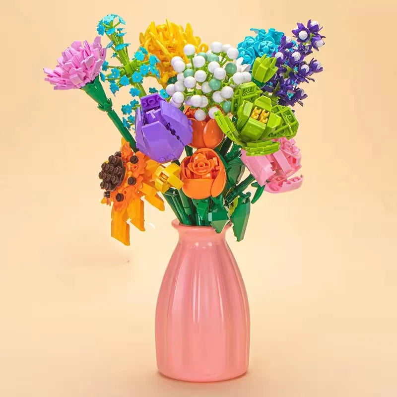 13 Styles Flower Building Blocks – DIY Rose & Tulip Home Ornaments