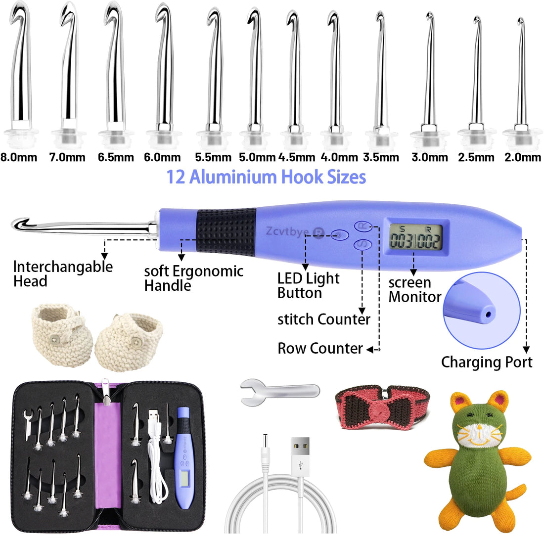 12pcs Lighted Crochet Hook Set – Ergonomic Kit with Counter