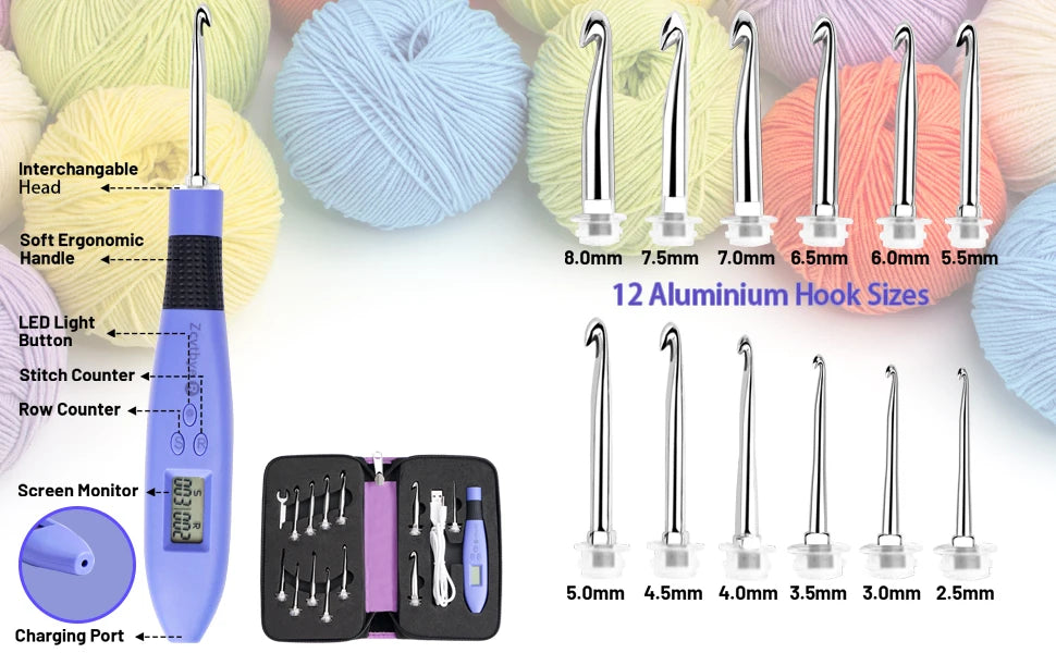 12pcs Lighted Crochet Hook Set – Ergonomic Kit with Counter