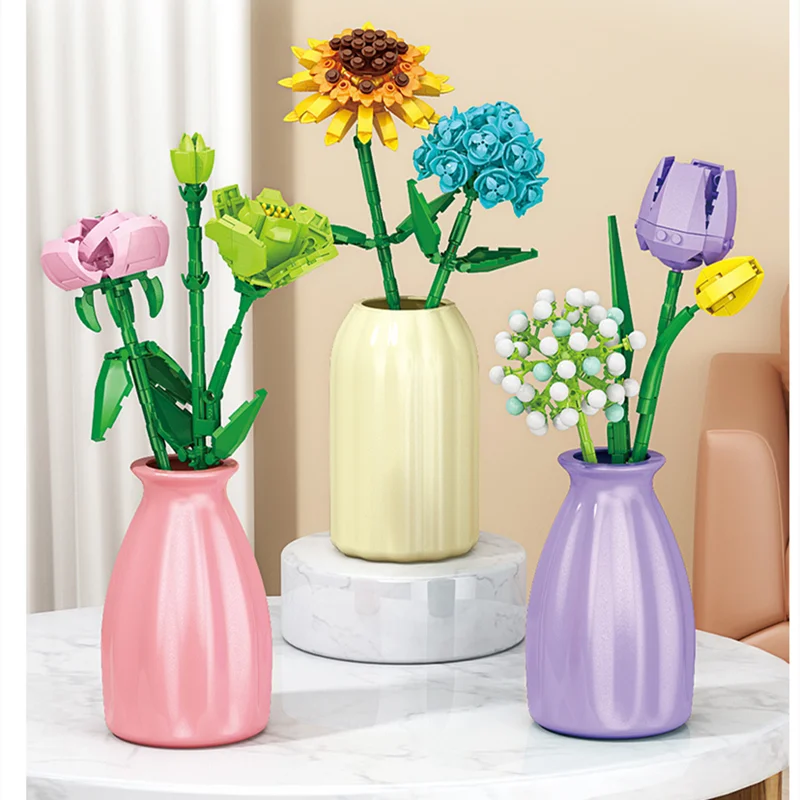 13 Styles Flower Building Blocks – DIY Rose & Tulip Home Ornaments